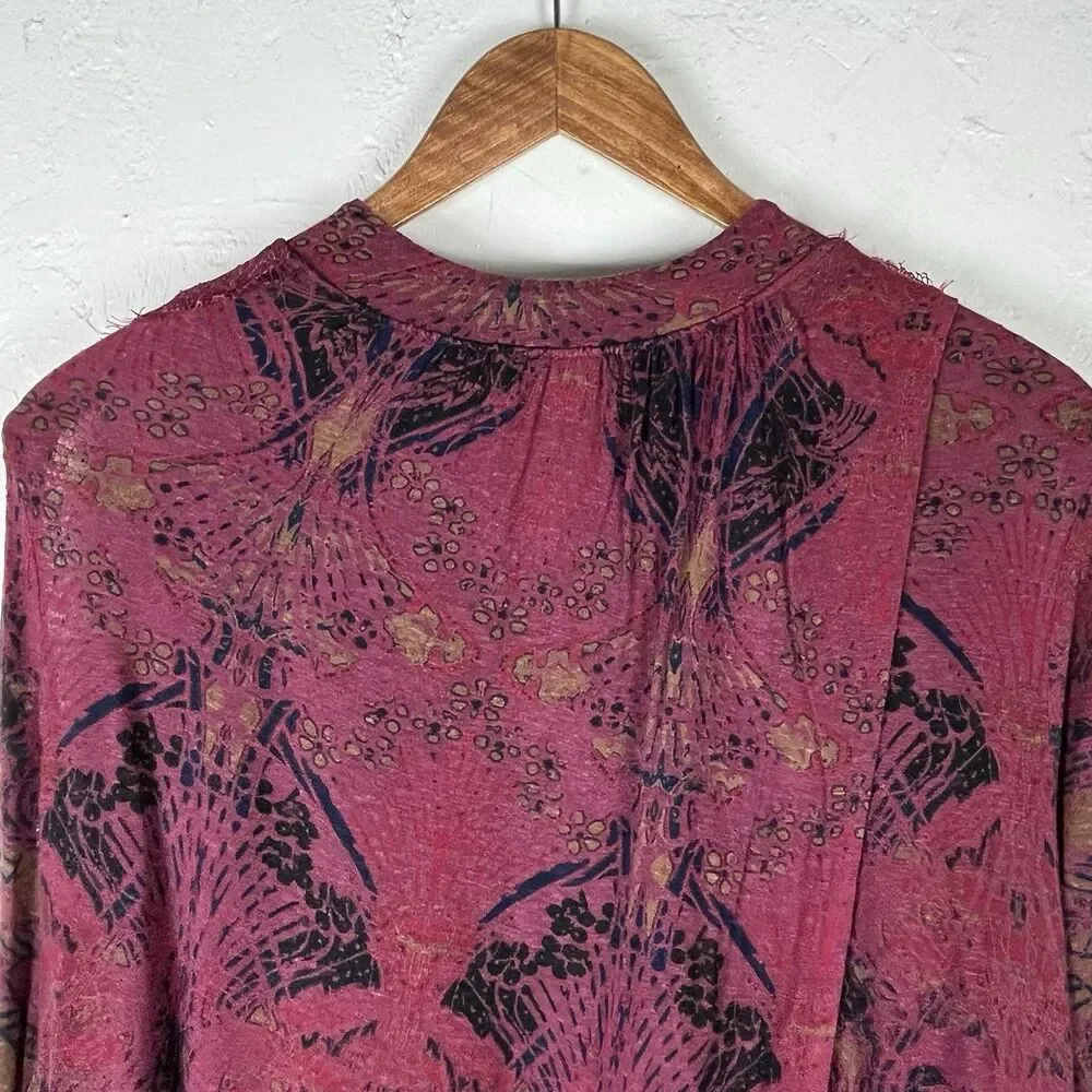 Free People Boho Tunic Top Lace Sleeve Keyhole Back Linen Blend M